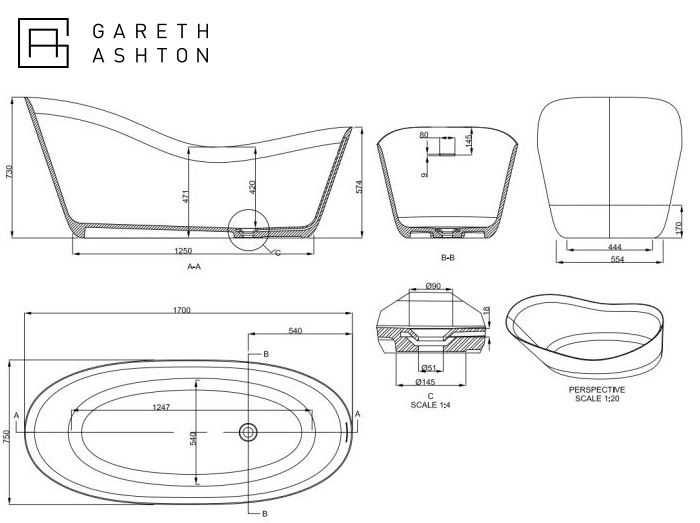 Abey Gareth Ashton Slipper Natural Stone Bath specifications
