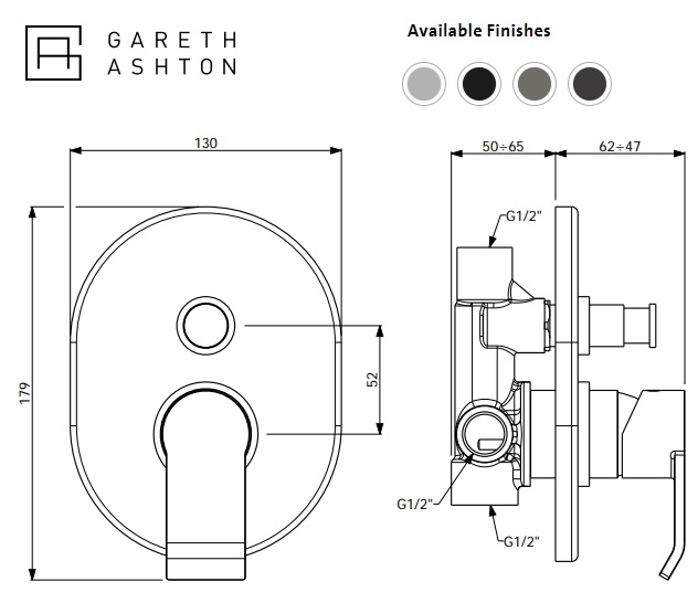 Abey Gareth Ashton Stile Bath / Shower Mixer Diverter specifications