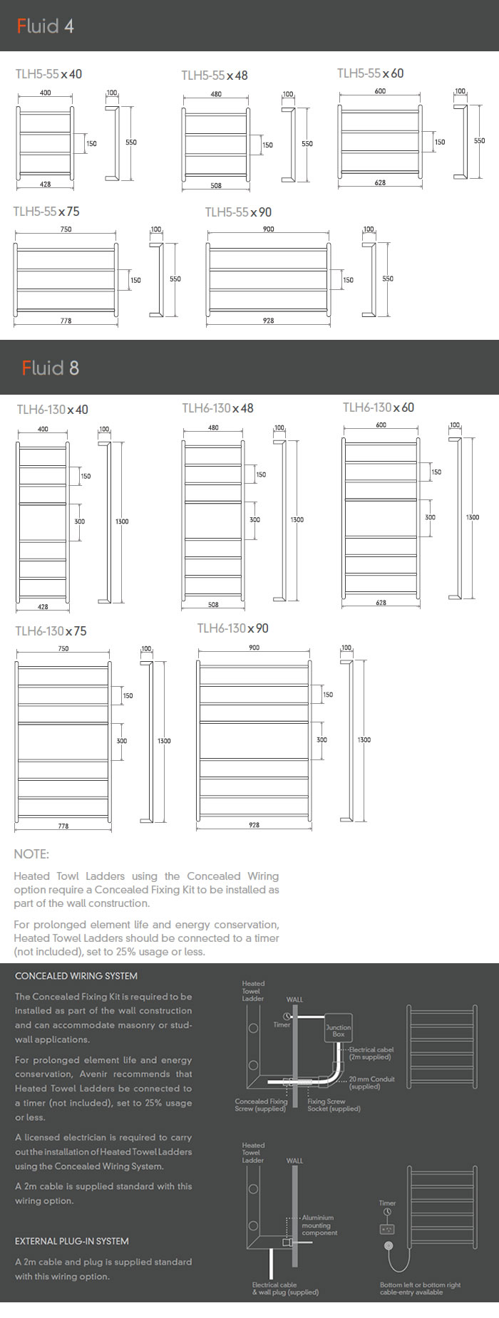 Avenir Fluid Heated Towel Ladder specifications