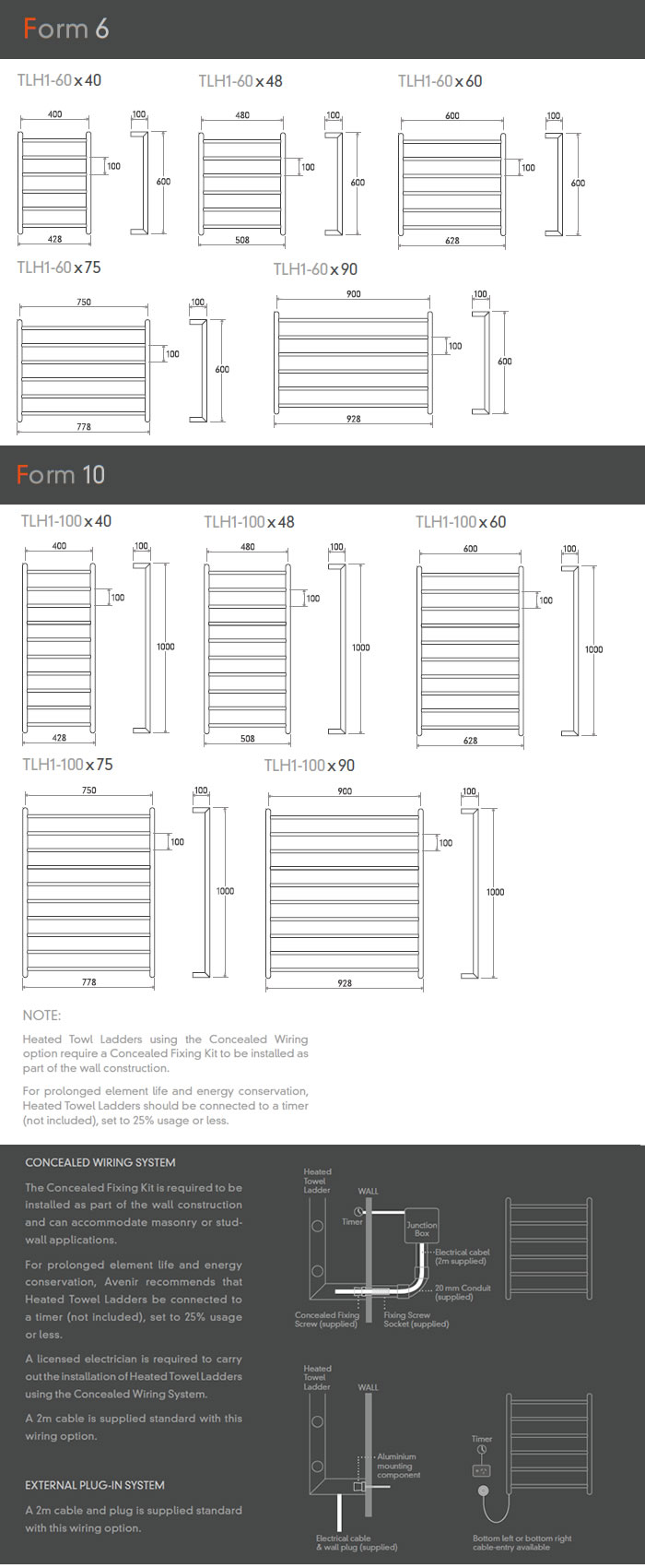 Avenir Form Heated Towel Ladder specifications