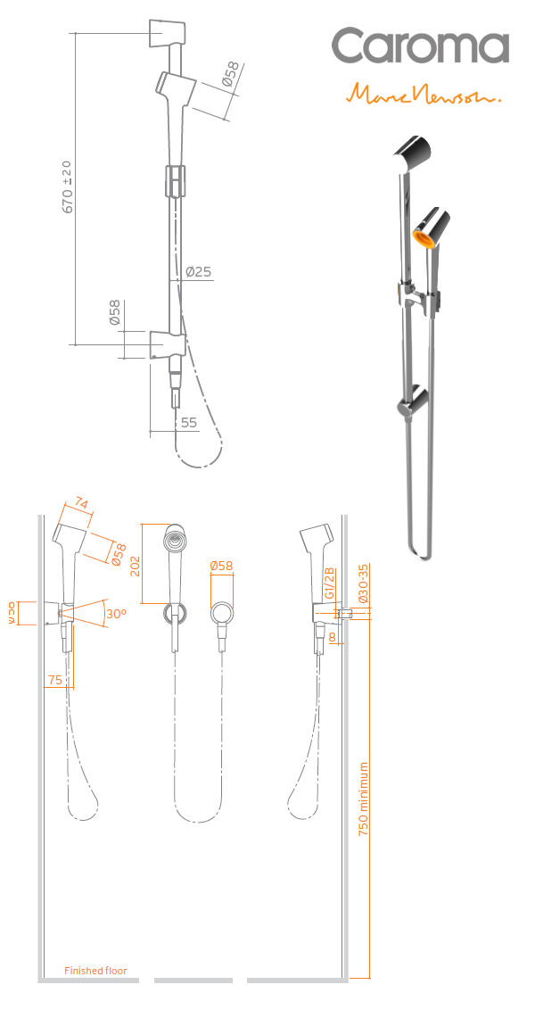 Caroma Marc Newson Hand Shower On Rail specifications