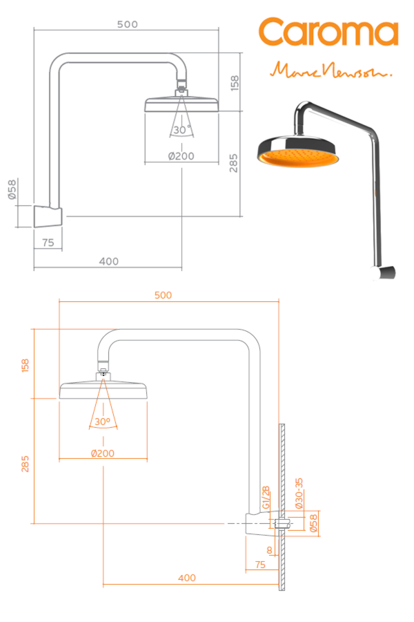 Caroma Marc Newson Overhead Fixed Wall Shower specifications