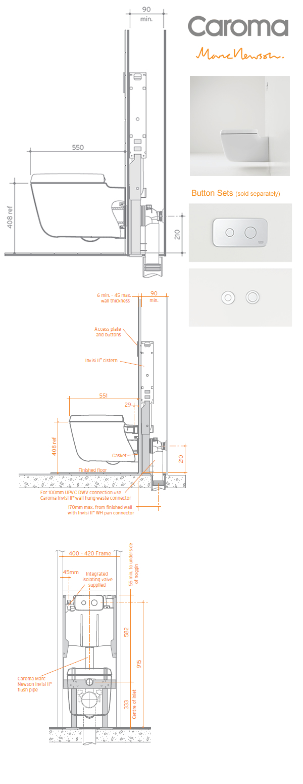 Caroma Marc Newson Wall Hung Invisi II Toilet Suite specifications