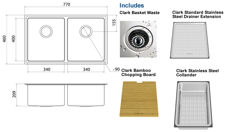 Clark Double Bowl Undermount Sink specifications
