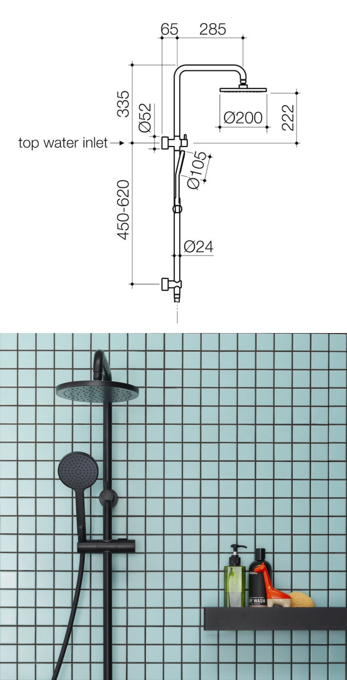 Clark Round Rail Shower with Overhead Matte Black specifications