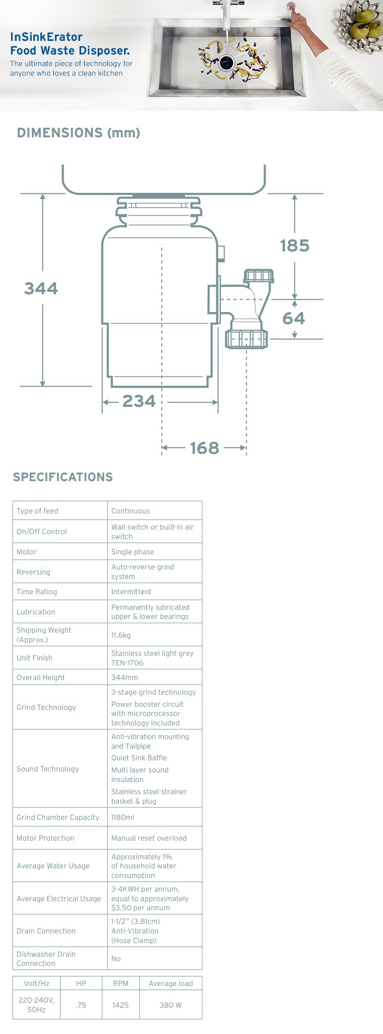 InSinkErator Evolution 250 Waste Disposal Unit specifications