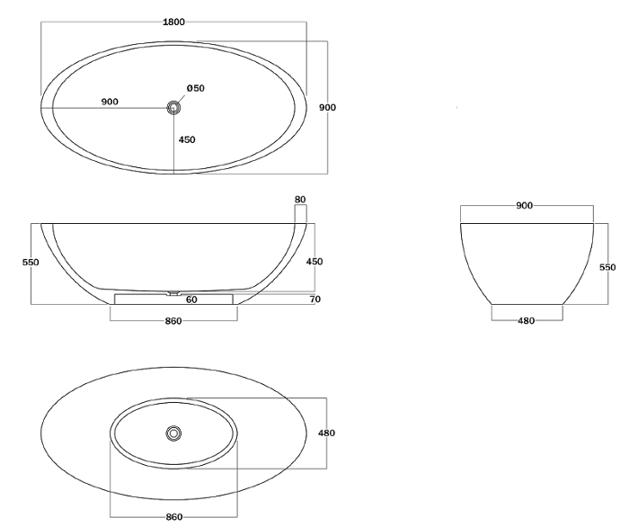 Marblo Mojo Oval 1800mm Bath specifications