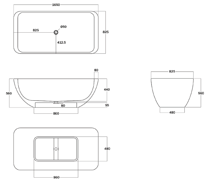 Marblo Mojo Rectangle 1650mm Bath specifications