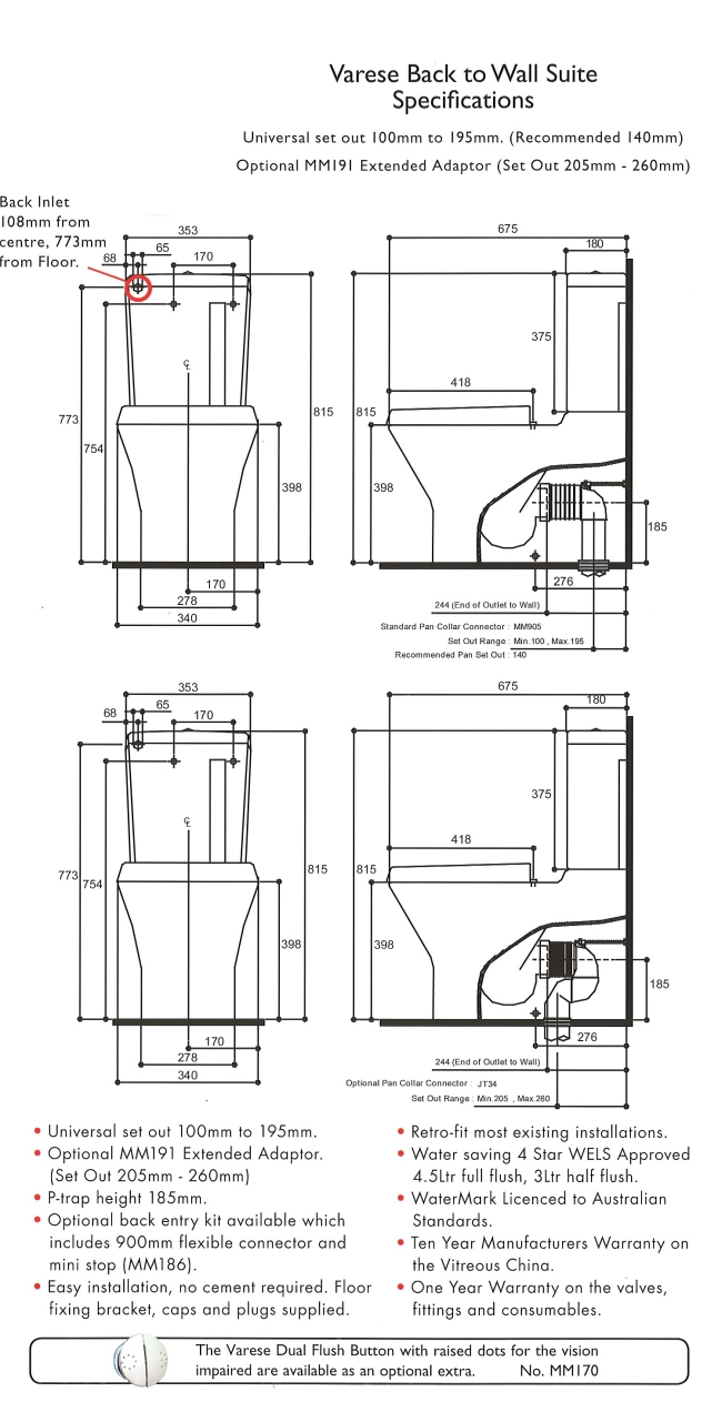 Linea Varese BTW Toilet Suite specifications