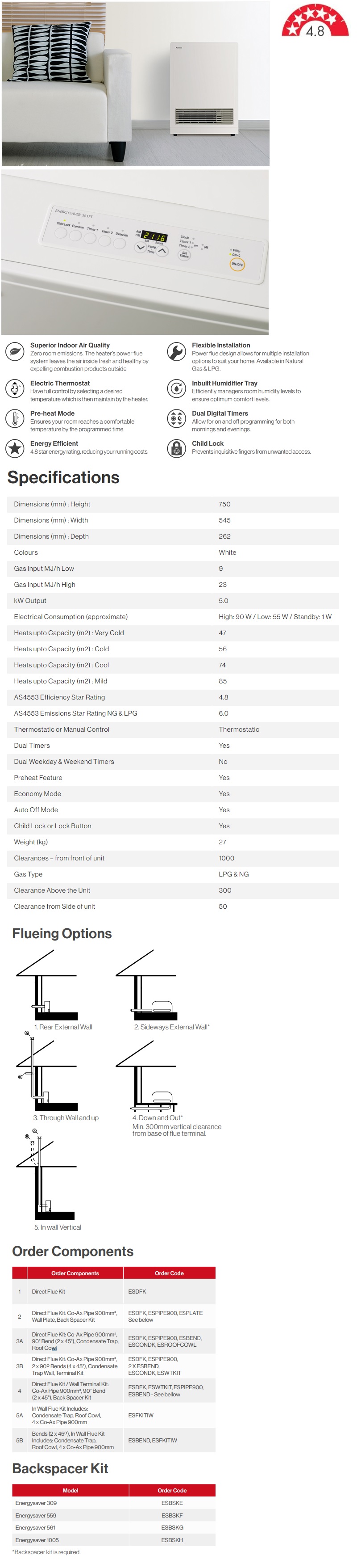Rinnai Energysaver 561FT Heater specifications