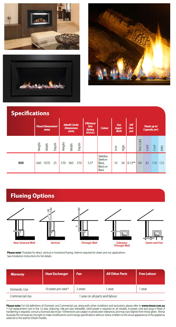 Rinnai 950 Gas Log Flame Fire specifications