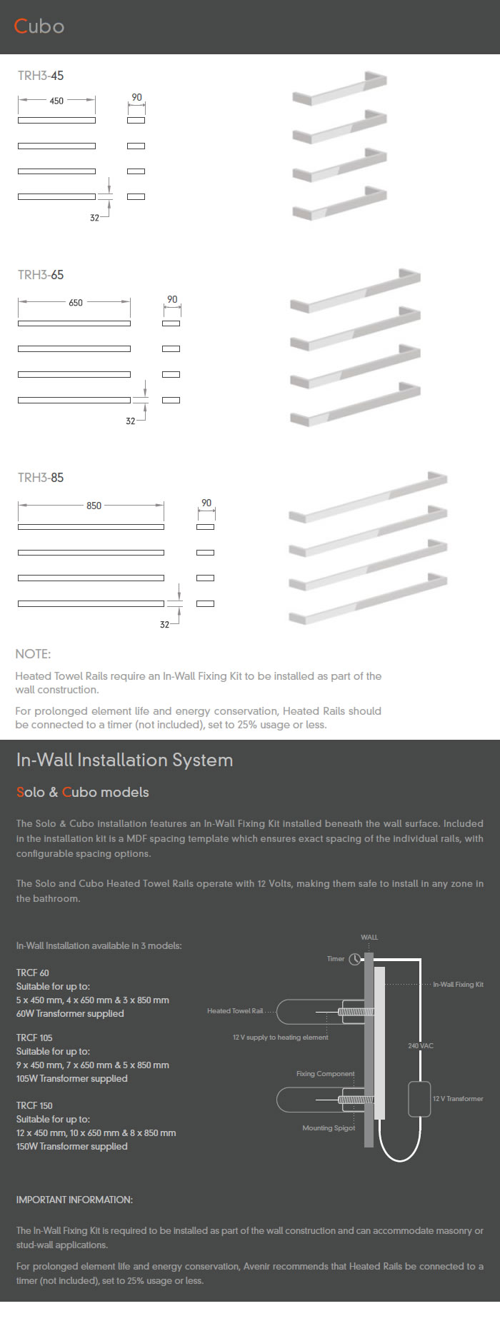 Avenir Cubo Heated Towel Ladder specifications