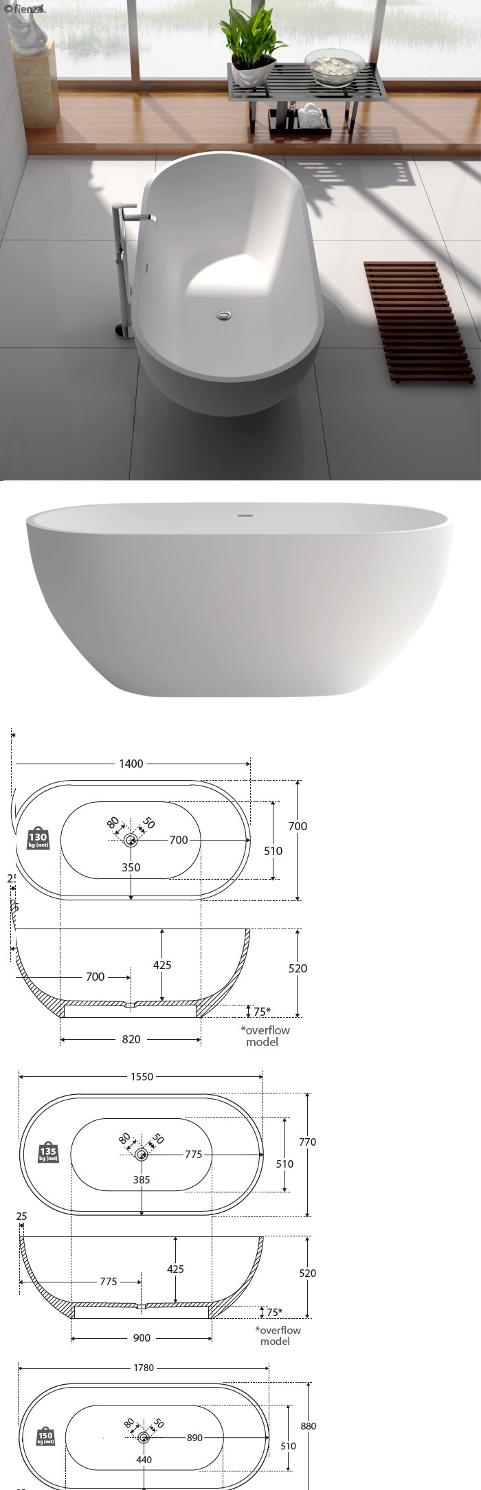 Fienza Nero Stone Freestanding Bath specifications