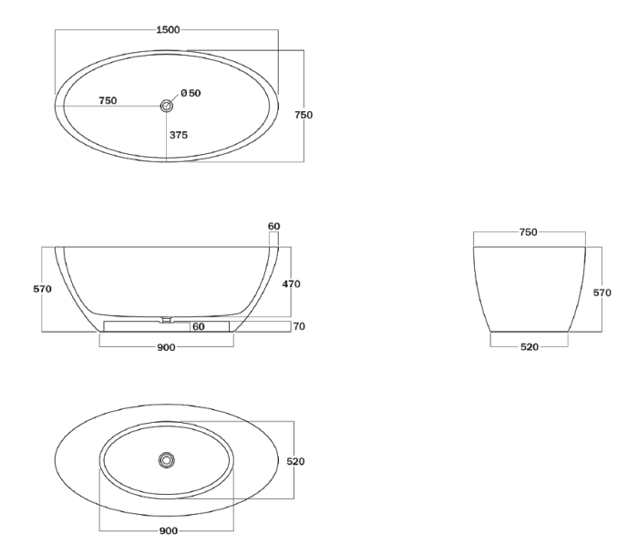 Marblo Mojo Oval 1500mm Bath specifications