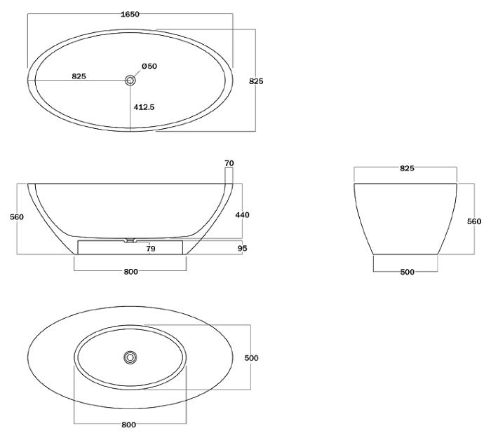 Marblo Mojo Oval 1650mm Bath specifications