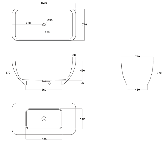 Marblo Mojo Rectangle 1500mm Bath specifications