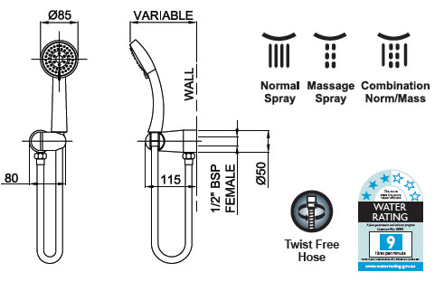 Linea Genoa Handshower on Bracket Multifunction specifications