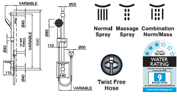 Linea Genoa Handshower On-Rail Multifunction specifications