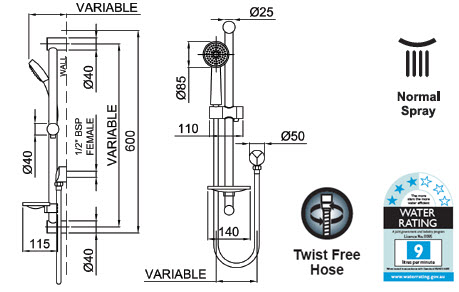 Linea Genoa Handshower On-Rail Brass Multifunction specifications