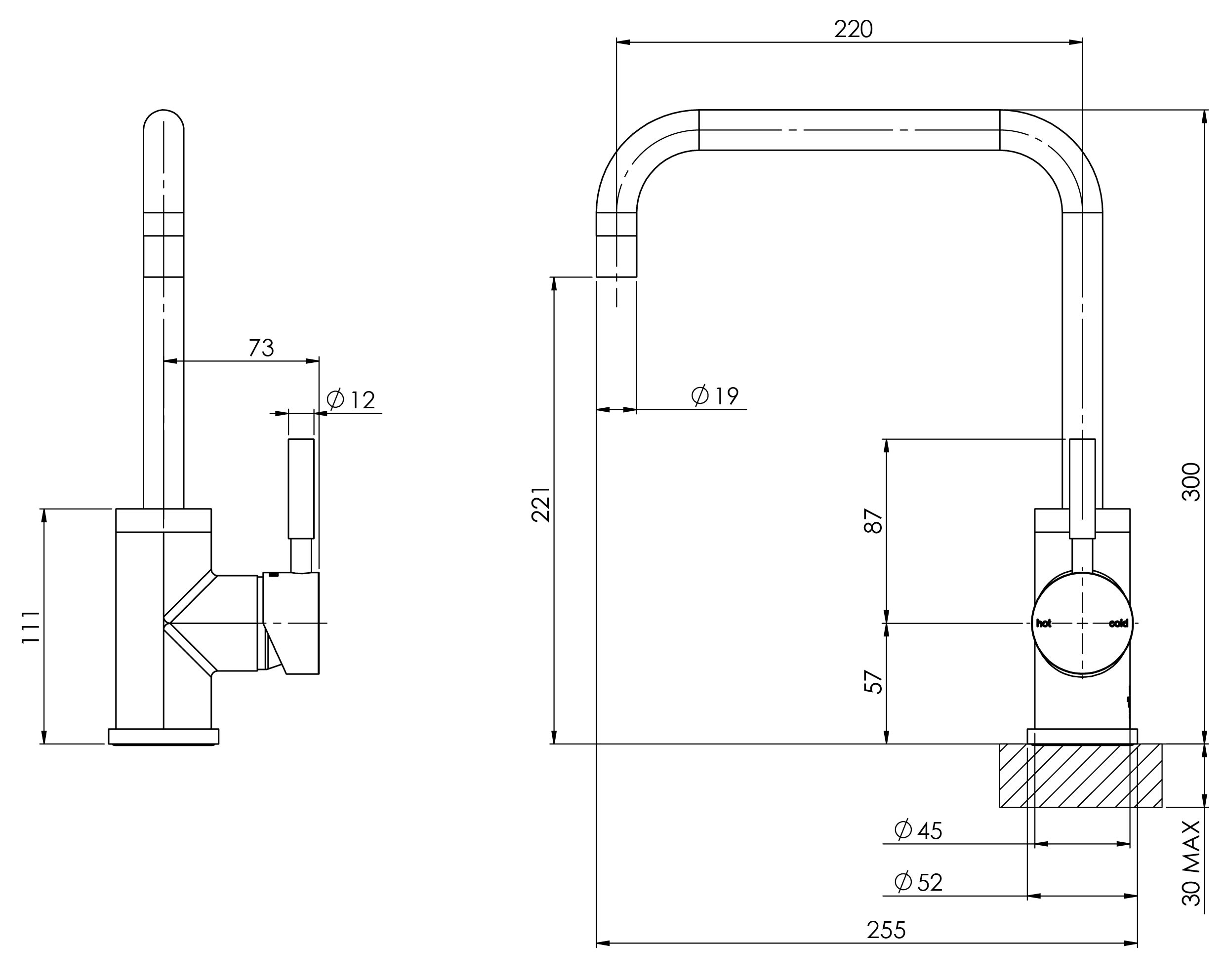 Phoenix Vivid Side Lever Sink Mixer (220mm) specifications