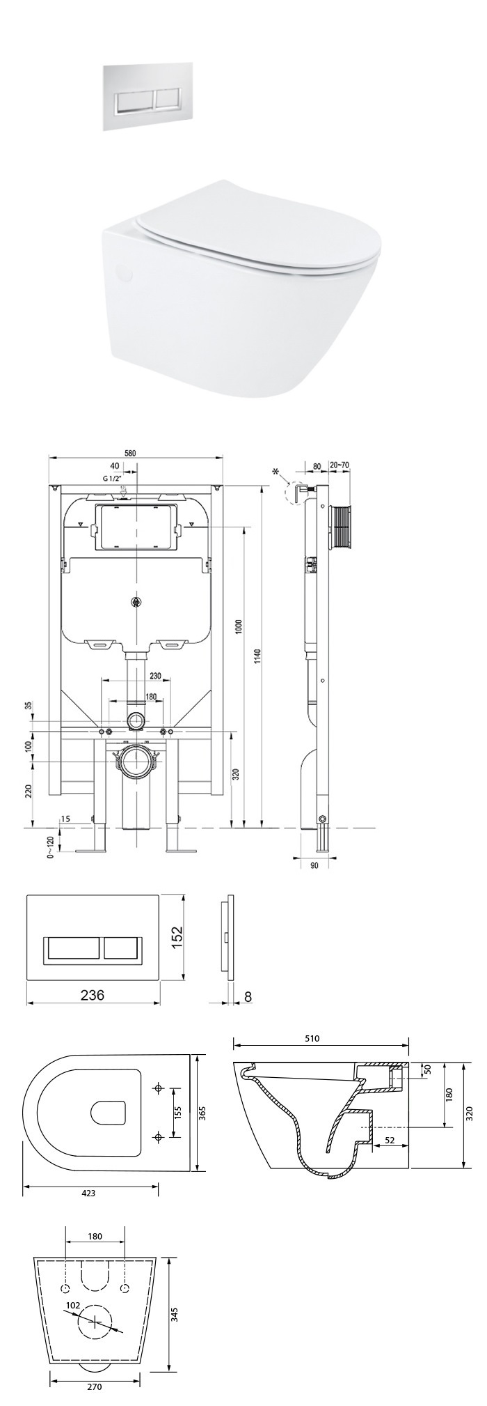 Streamline Arcisan Synergii Wall Hung Toilet Suite specifications