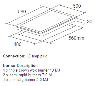 Linea 60cm White Gas Cooktop with Wok specifications