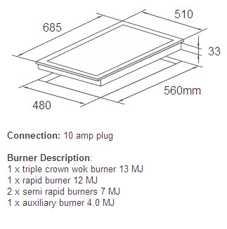 Linea 70cm Gas Cooktop S/S specifications